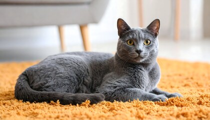 Gray cat resting on a carpet