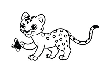 Baby Leopard Playing With A Butterfly Cartoon Vector