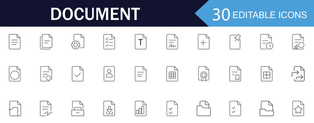 Document icon collection in modern line style. Documents linear icons. Includes file icons like agreement, certificate, folder, approval, invoice, archive, checklist, and more. Editable stroke.