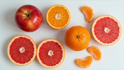 Variety of Fresh Citrus and Apple on White Background