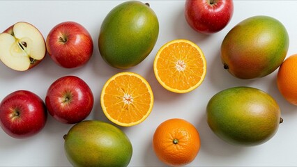 Apples Oranges and Mangos on White Background