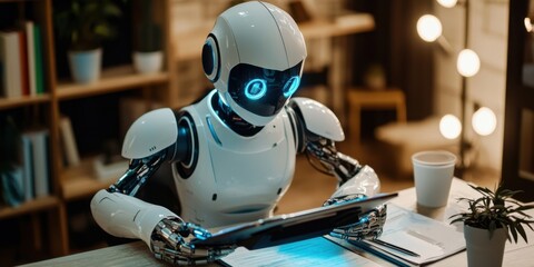 Fototapeta premium robot sits at computer and works in room