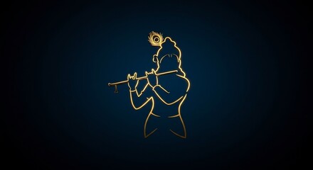 Golden Silhouette of Lord Krishna Playing Flute, Hindu Deity, Peacock Feather, on Dark Blue Background