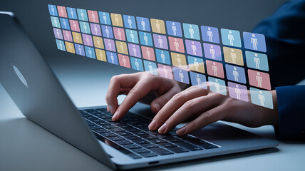 Discover talent using HR tech with modern laptop interface, connect with a global workforce to foster collaboration and build a diverse team, people icons hovering