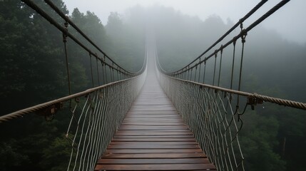 Fototapeta premium old suspension bridge on ropes in fog