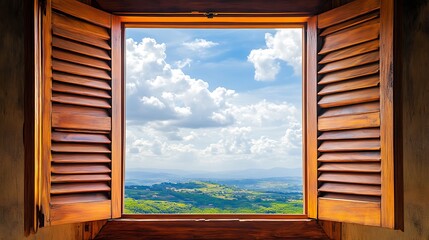 A serene countryside scene seen through a wooden window with open shutters and natural light pouring in.

