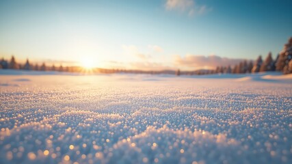 Sunlight casts a warm glow on a snow covered field, creating a beautiful winter landscape with frost covered trees visible in the distance