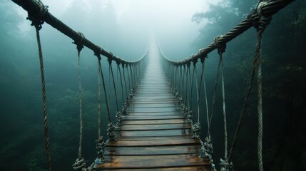 Obraz premium old suspension bridge on ropes in fog