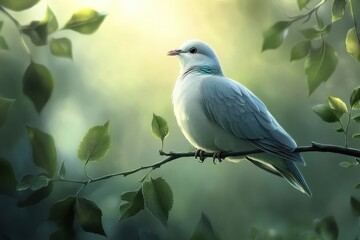 Fototapeta premium Ringed dove sings a melodic tune in the early morning light amid lush greenery, ringed dove sings a song in the early morning