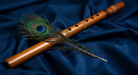 Wooden Flute and Peacock Feather Resting on Blue Silk Fabric, Close-up, Studio Shot, Isolated
