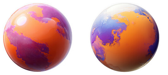 Two abstract spheres with swirling patterns of orange purple and blue colors suggesting a cosmic or planetary theme isolated on transparent background