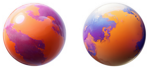 Two abstract spheres with swirling patterns of orange purple and blue colors suggesting a cosmic or planetary theme isolated on transparent background