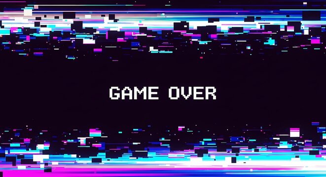 Game Over Glitch Art with Pixelated Text on Black Background - Powered by Adobe