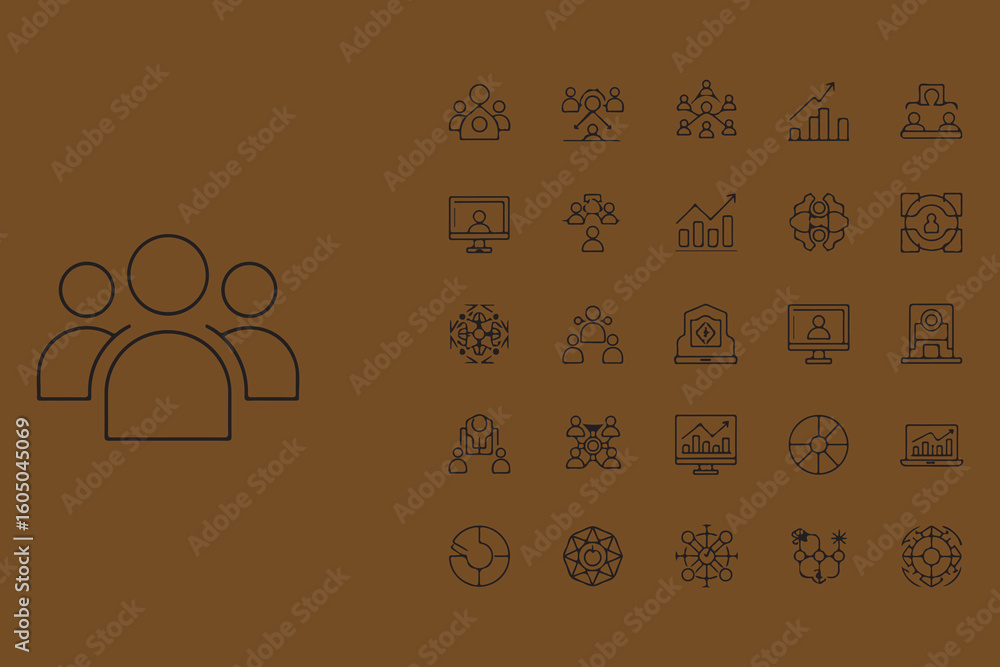 Poster outline icons representing people and various concepts on a brown background