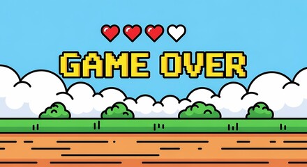 Fototapeta premium Game Over Screen in Pixel Art Style with Blue Sky Background