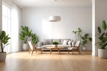 Serene Living Room Sanctuary Modern Interior Design with Lush Green Plants and Natural Light Creates a Tranquil Atmosphere for Relaxation and Comfort