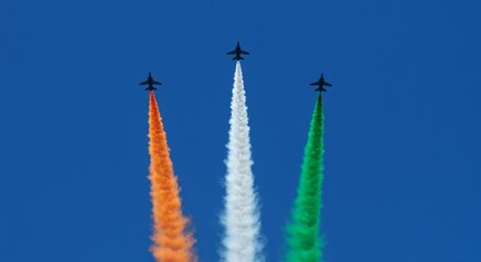Indian Air Force Aerobatic Team Jet Aircraft Displaying Tricolour Smoke Trails Against Clear Blue Sky