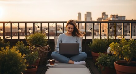 Rooftop Workday: A person working on laptop on rooftop during a sunny day with cityscape in the background.Young businesswoman working on a laptop outdoors in a park setting