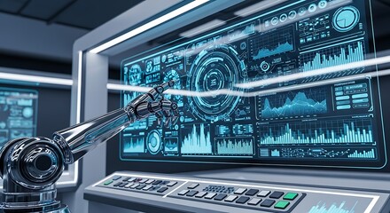 Robotic arm interacting with a futuristic control panel.