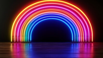 Neon rainbow archway on a dark wooden floor