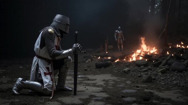 A man in armor kneeling down next to a fire