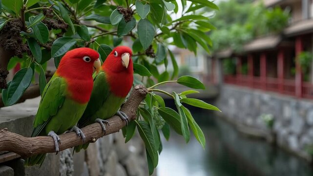 Two parrots sitting on a branch in front of a river