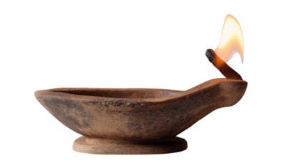 Earthenware Oil Lamp with Burning Match on Clear BG