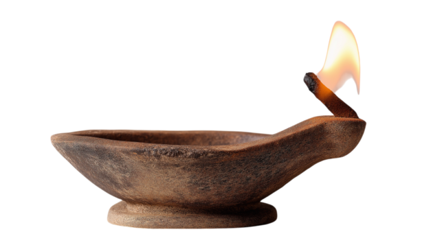 Earthenware Oil Lamp with Burning Match on Clear BG