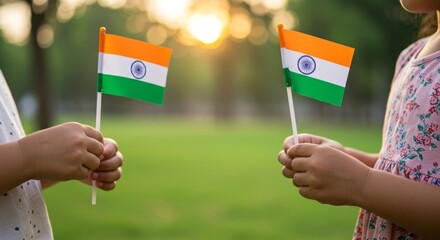Two Children Holding Indian Flags in a Park at Sunset, Celebrating Independence Day or Republic Day.