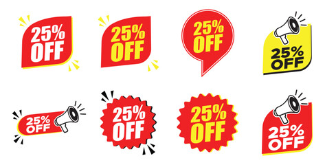 25% Off Sticker Set – 25% Off Discount Labels with Megaphone Icons for Promotions