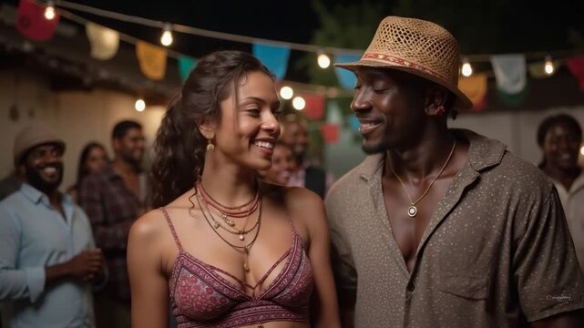 A man and a woman standing next to each other at a party