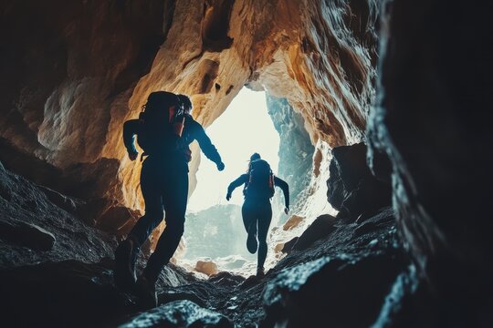 Adventurers explore a cave running towards light in slow motion during daylight, Slow motion wide, side shot of male and female adventurer running through cave - Powered by Adobe