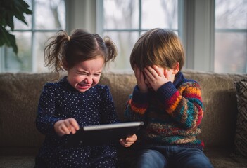 children crying with the tablet