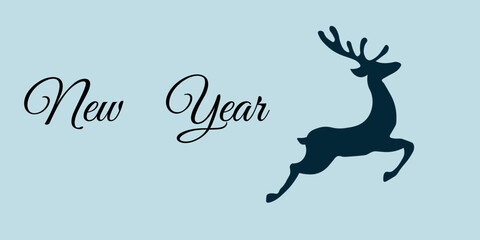New Year greeting card with a black deer on a blue background