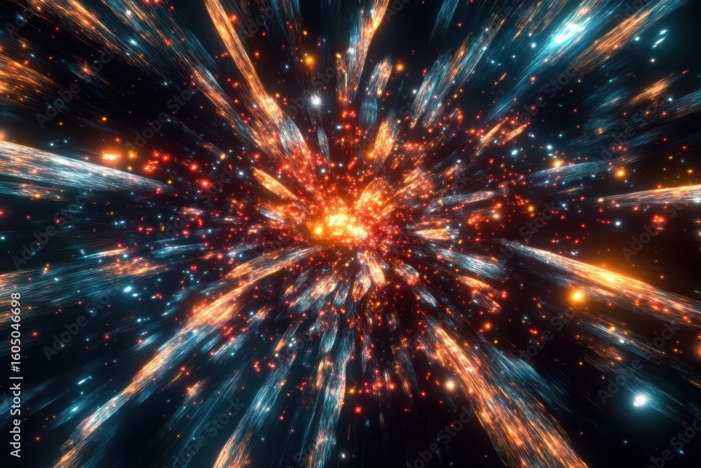 Poster flying sparks create an animated abstract display of light and motion in a spatial environment, flyi