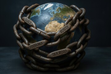 Conceptual representation of global trade routes as chains around the Earth labeled Suez, Panama, Silk Road and Route symbolizing dependency and constraints