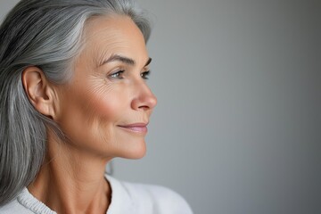 Close-up profile of smiling mature Caucasian female with gray hair and natural wrinkles looking away on neutral background