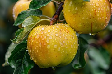 Vibrant july orchard with lush garden and abundant ripe apples hanging from the trees
