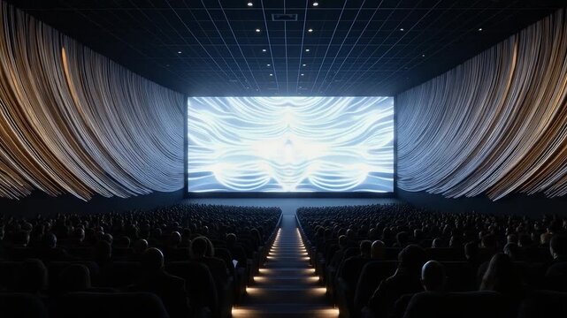 A large auditorium filled with people watching a movie