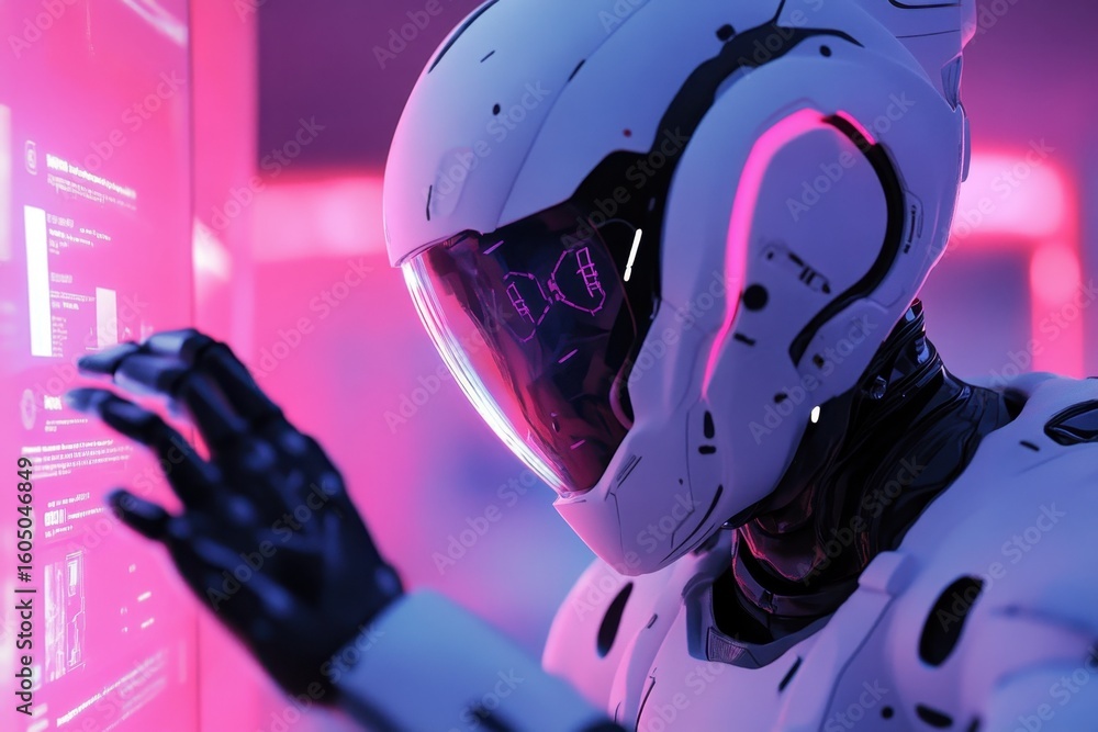 Poster futuristic robot interacting with advanced touchscreen technology in a neon-lit environment, futuris