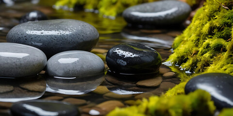 Wet Grey and Black Stones in Shallow Water &ndash; Serene Vertical Nature Scene


