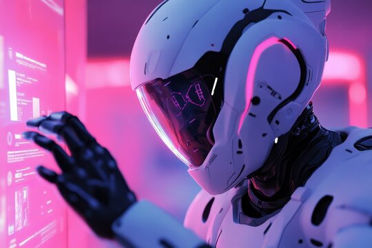 Futuristic robot interacting with advanced touchscreen technology in a neon-lit environment, Futuristic Robot Accessing Touchscreen Technology
