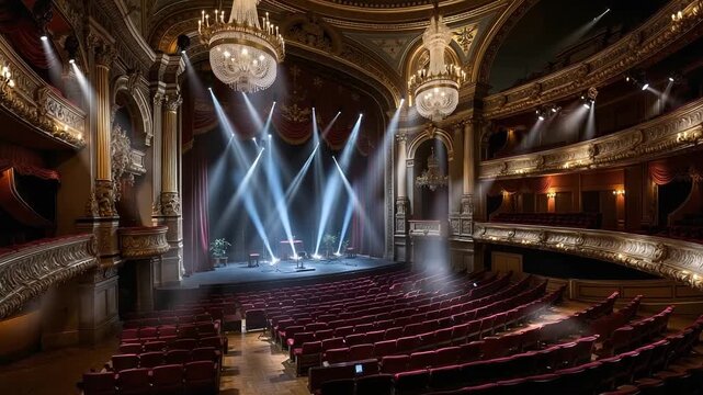 A large auditorium with rows of red seats and a stage