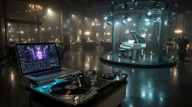 A laptop computer sitting on top of a table next to a piano