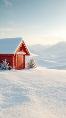 A cozy red cabin nestled in a pristine snowy landscape, evoking feelings of serenity and peaceful winter retreat