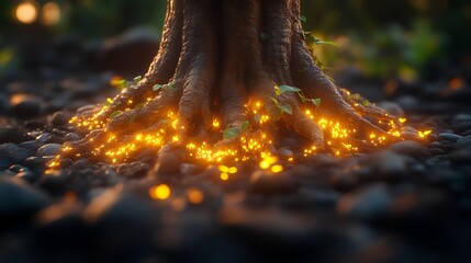 Tree roots glowing with light
