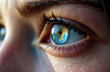 Close-up of an eye with the Earth reflected in it. Concept of the fragility of the universe. Relevance of peace, environmental protection, conservation of nature