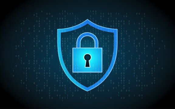 Cybersecurity protection shield and padlock over binary code, Security shield and binary code for data protection, cyber security and digital information