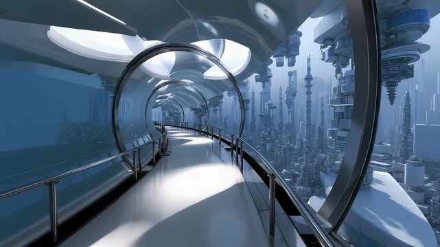 A futuristic city with a view of the city from inside a building