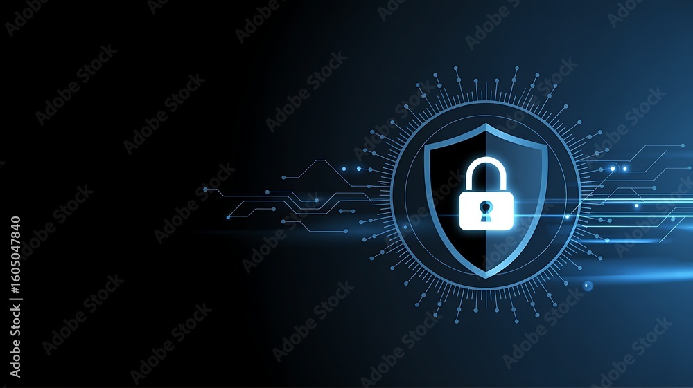 Poster cyber security shield with lock and digital technology, data protection in a digital world